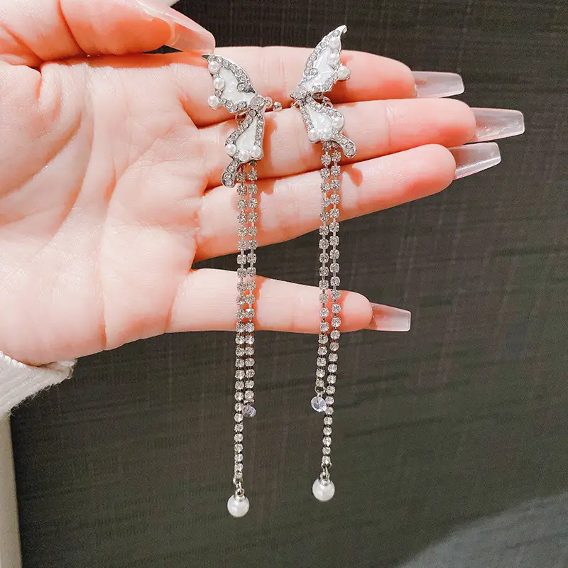 Super Fairy Pearl Butterfly Zircon Tassel Long Ear Bone Clip Women's Unique Simple All-match Earrings - Image 2