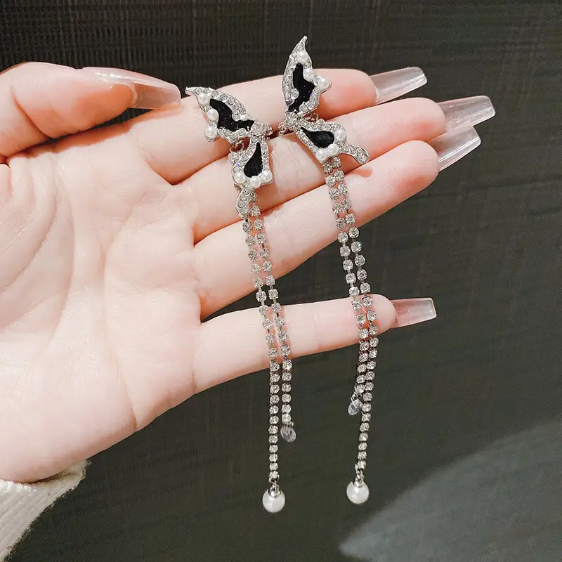 Super Fairy Pearl Butterfly Zircon Tassel Long Ear Bone Clip Women's Unique Simple All-match Earrings - Image 4