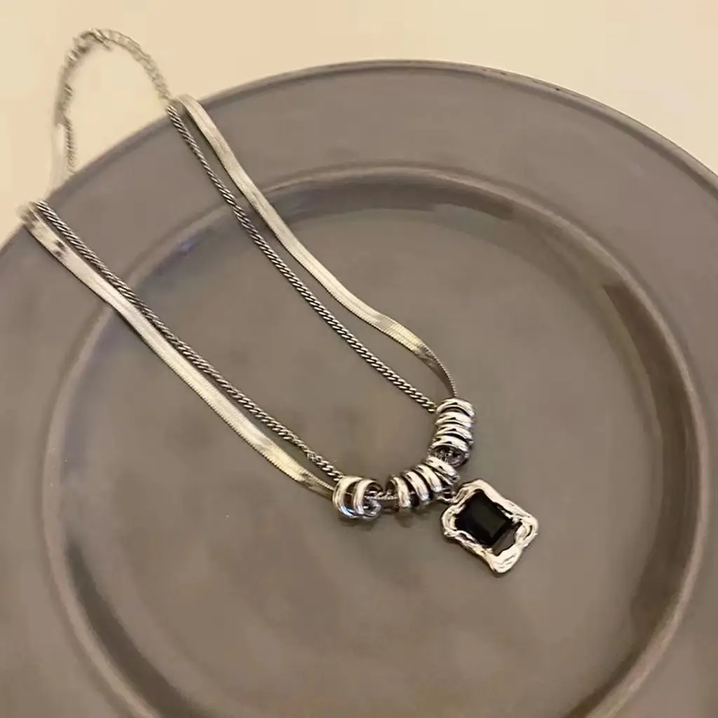 Square Zircon Titanium Necklace Cold Style Sweater Chain — feature 2