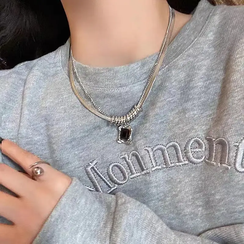 Square Zircon Titanium Necklace Cold Style Sweater Chain — feature 3