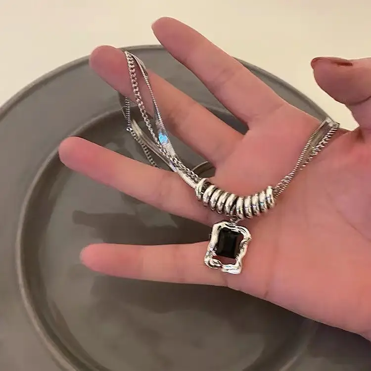 Square Zircon Titanium Necklace Cold Style Sweater Chain — feature 7