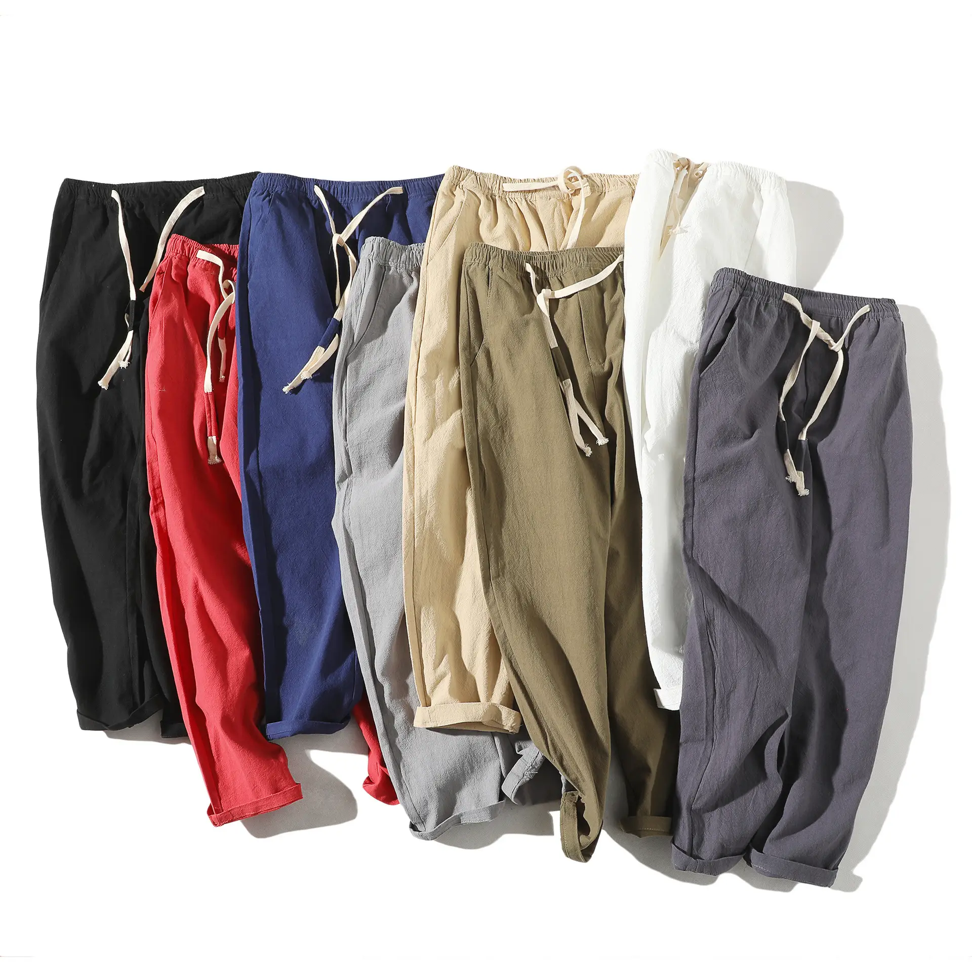 Men's Thin Linen Casual Pants Red Black Grey White Large - Image 9