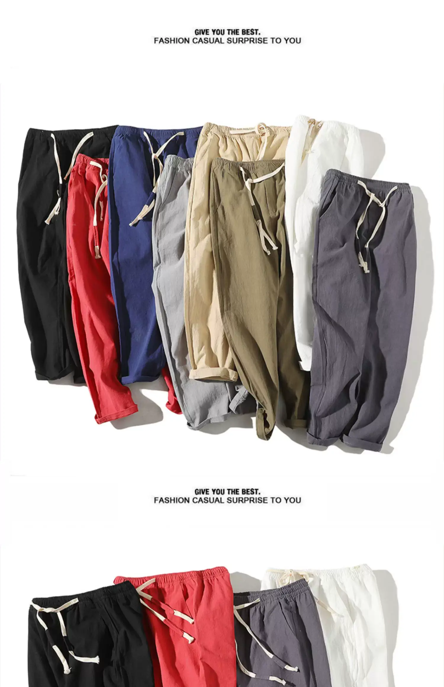 Men's Thin Linen Casual Pants Red Black Grey White Large — feature 2