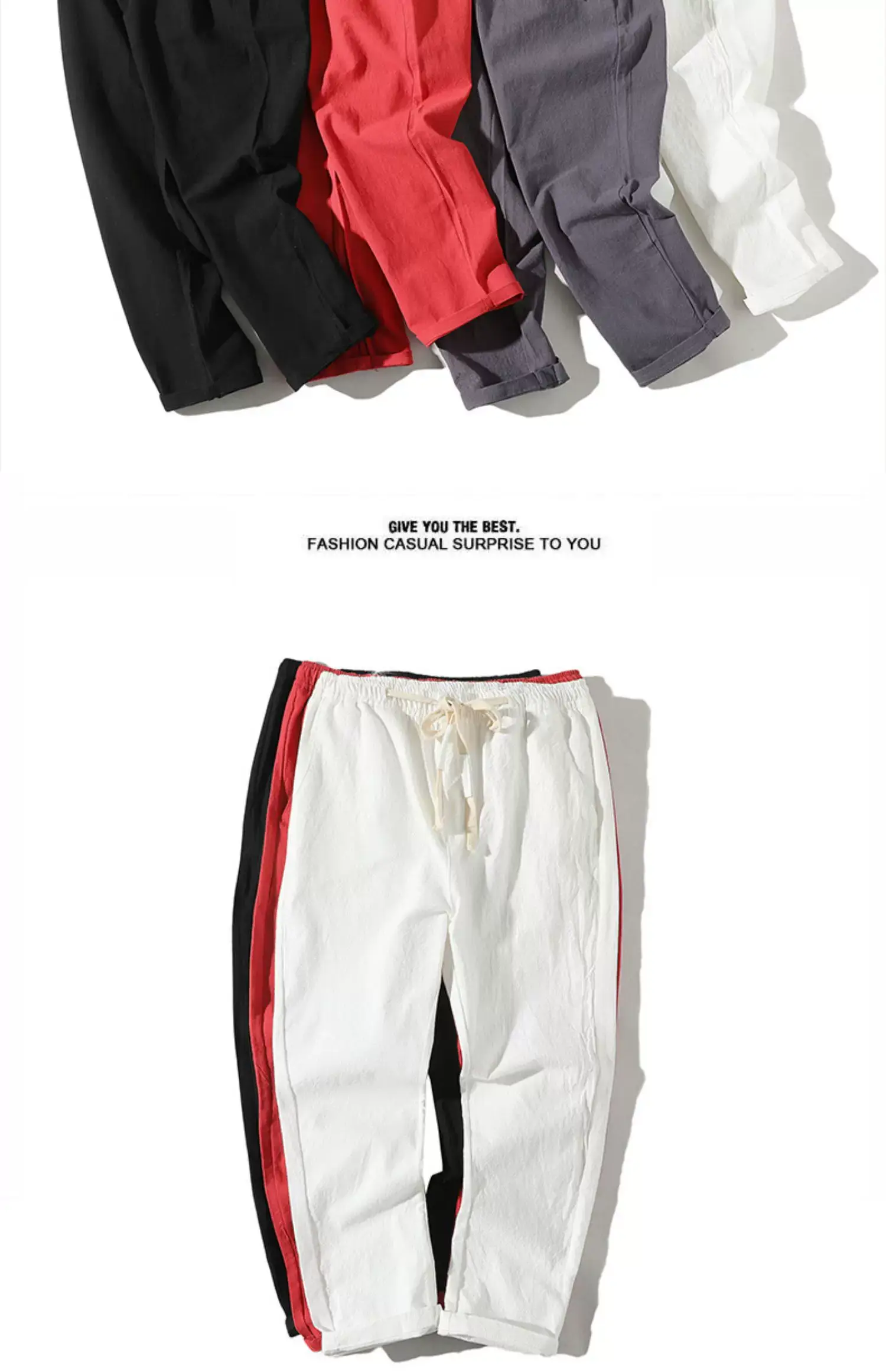 Men's Thin Linen Casual Pants Red Black Grey White Large — feature 3