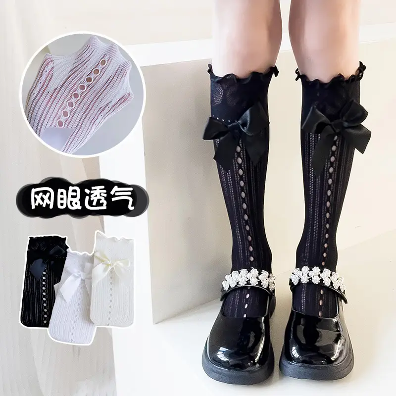 Japanese Style Lolita Calf Socks Black White Bow Mid-Calf - Image 6