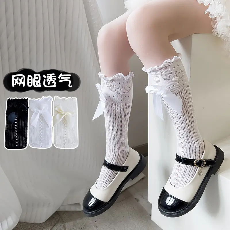 Japanese Style Lolita Calf Socks Black White Bow Mid-Calf - Image 7