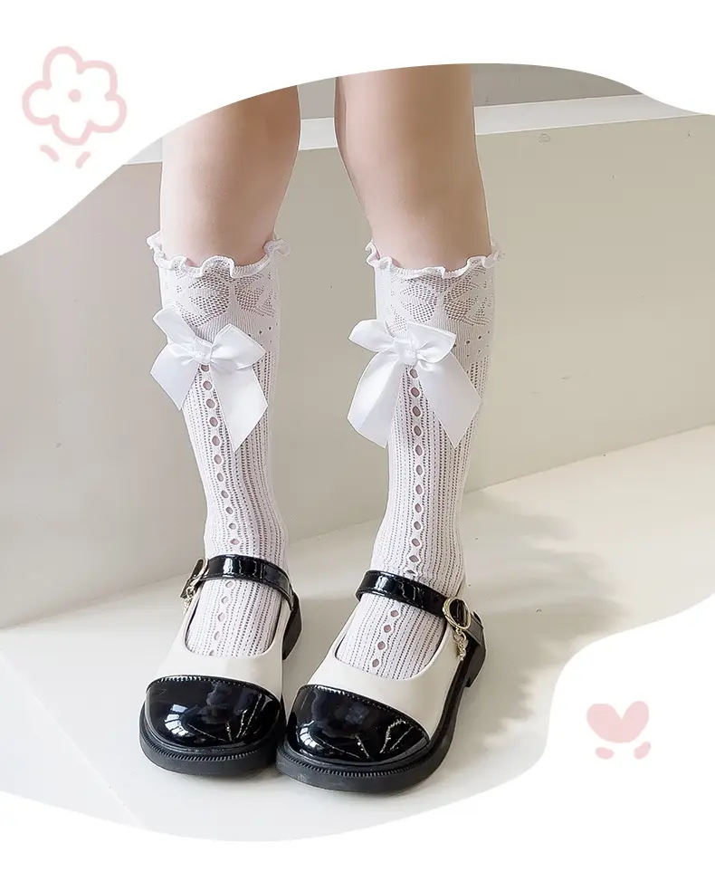 Japanese Style Lolita Calf Socks Black White Bow Mid-Calf — feature 11