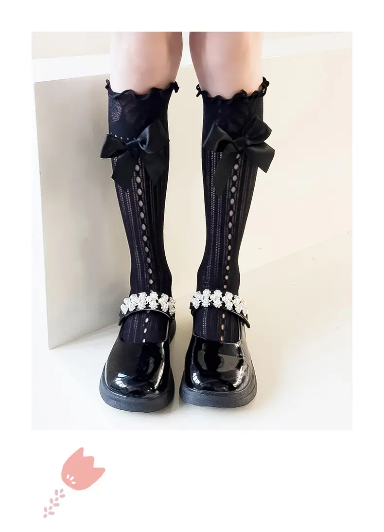 Japanese Style Lolita Calf Socks Black White Bow Mid-Calf — feature 12