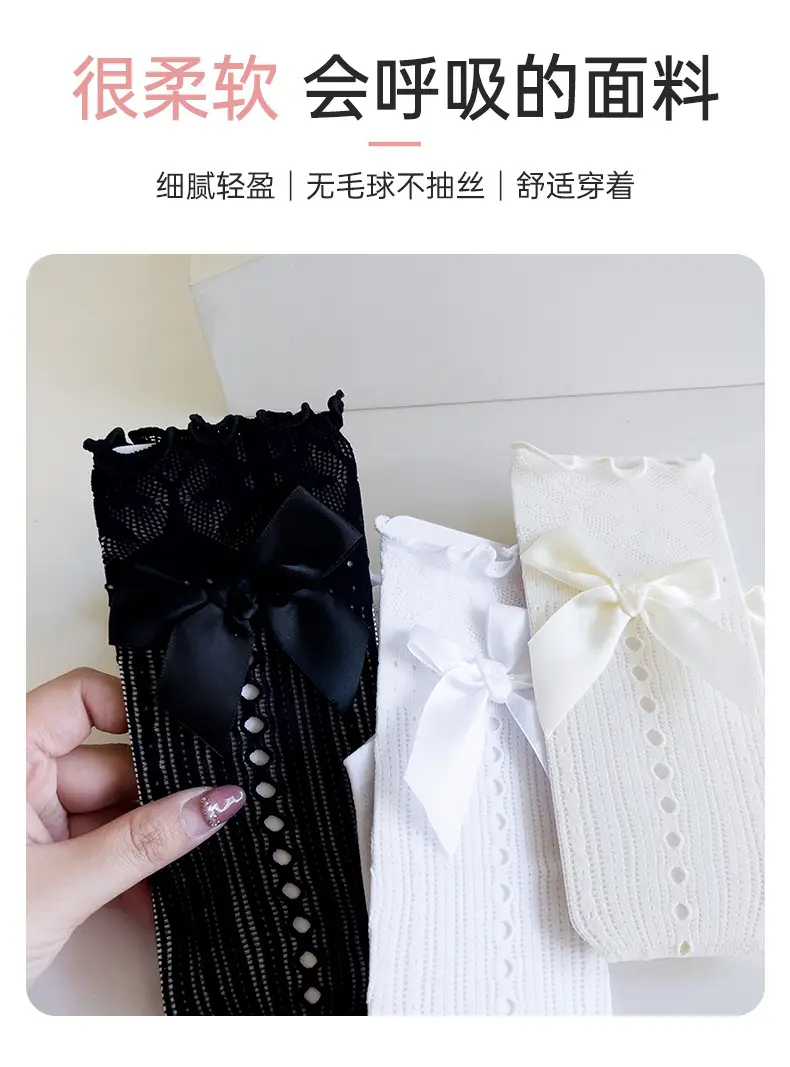 Japanese Style Lolita Calf Socks Black White Bow Mid-Calf — feature 7