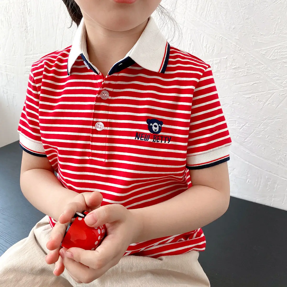 Children Striped Polo Shirt Red White Lapel Short Sleeve - Image 6