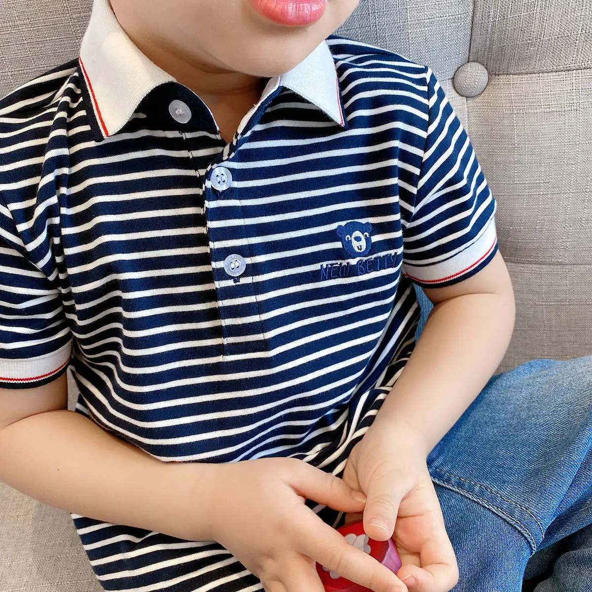 Children Striped Polo Shirt Red White Lapel Short Sleeve - Image 7