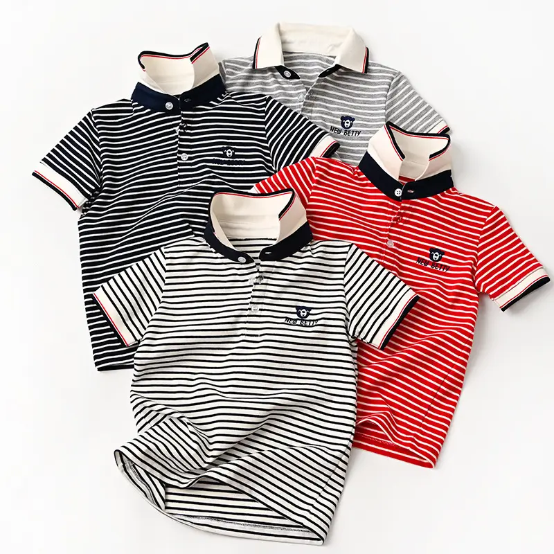 Children Striped Polo Shirt Red White Lapel Short Sleeve - Image 8