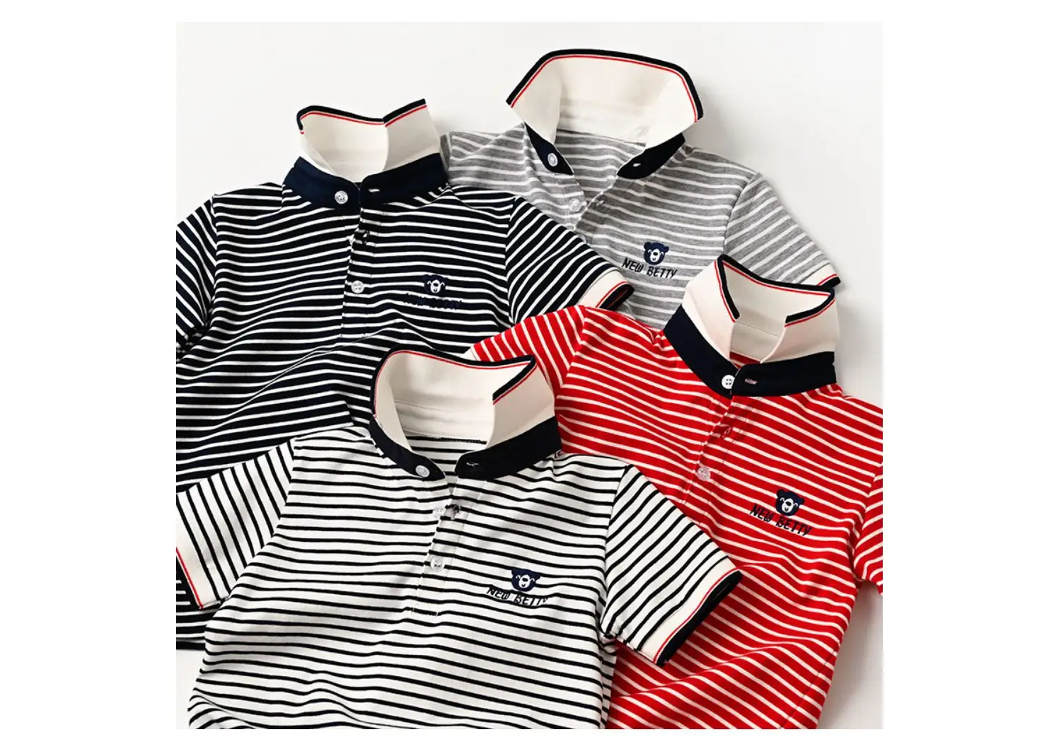 Children Striped Polo Shirt Red White Lapel Short Sleeve — feature 1