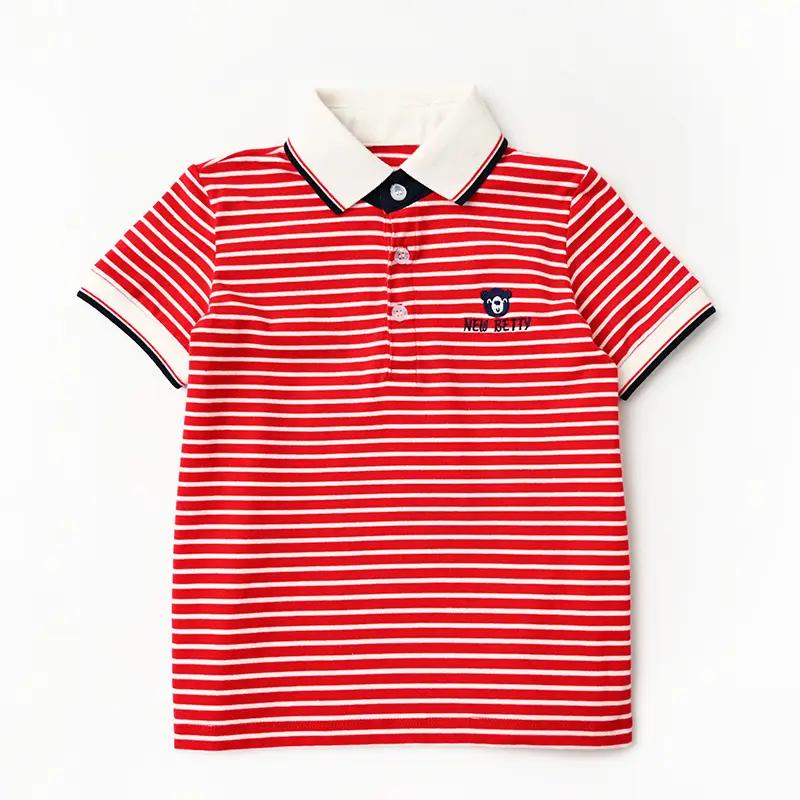 Children Striped Polo Shirt Red White Lapel Short Sleeve - Image 3