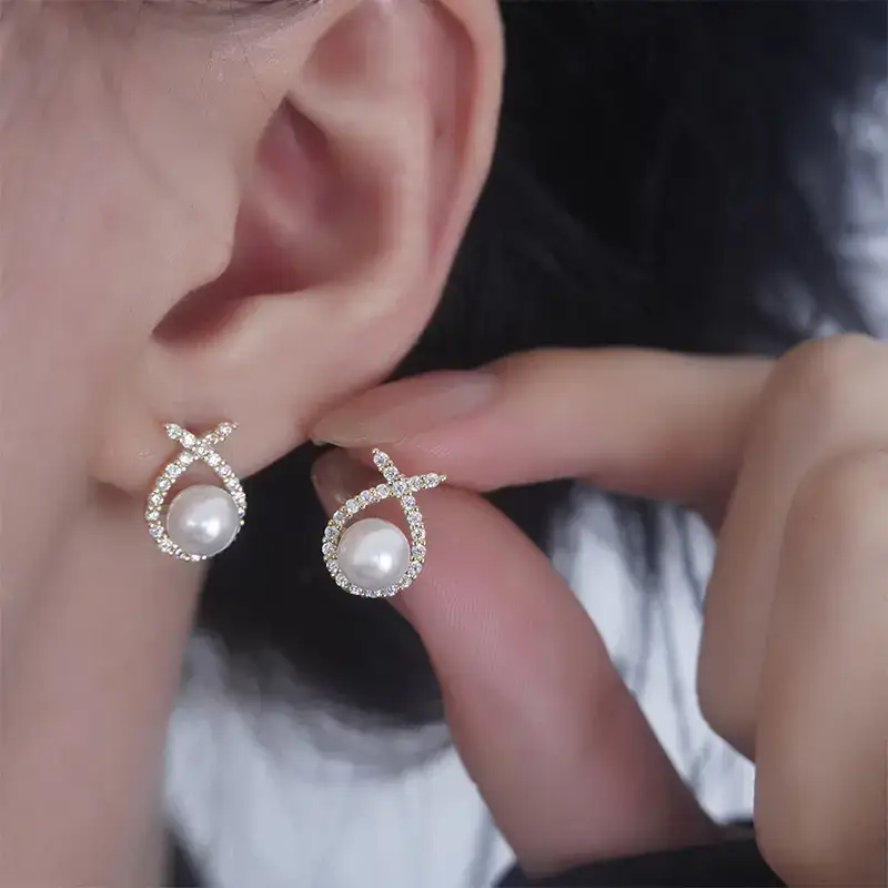 Pearl Cross Earrings with Zircon Accents - Image 3