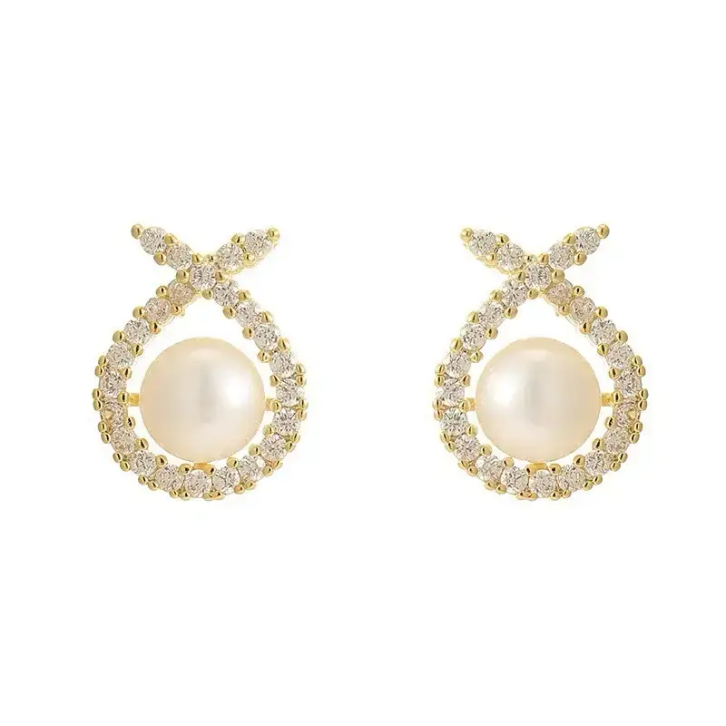 Pearl Cross Earrings with Zircon Accents - Image 5