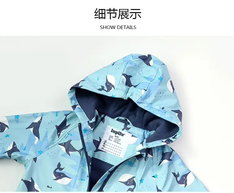 Children's Kids Raincoat Coat Blue Leaf Pattern Waterproof Split — feature 18