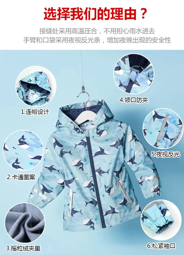 Children's Kids Raincoat Coat Blue Leaf Pattern Waterproof Split — feature 5