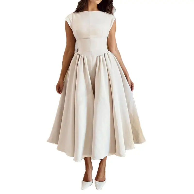 2025 Autumn Elegant Backless Midi Dress Solid Beige - Image 10