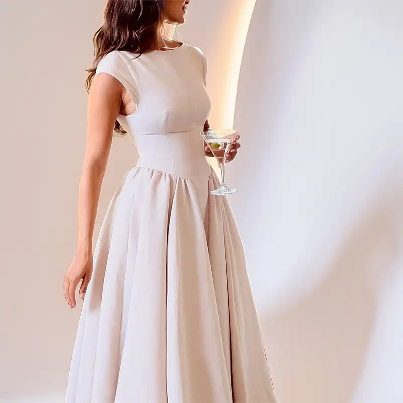 2025 Autumn Elegant Backless Midi Dress Solid Beige — feature 4