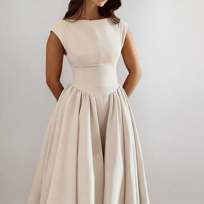 2025 Autumn Elegant Backless Midi Dress Solid Beige — feature 5