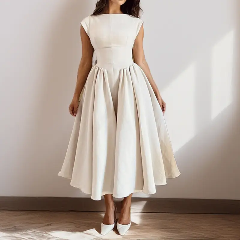 2025 Autumn Elegant Backless Midi Dress Solid Beige — feature 6