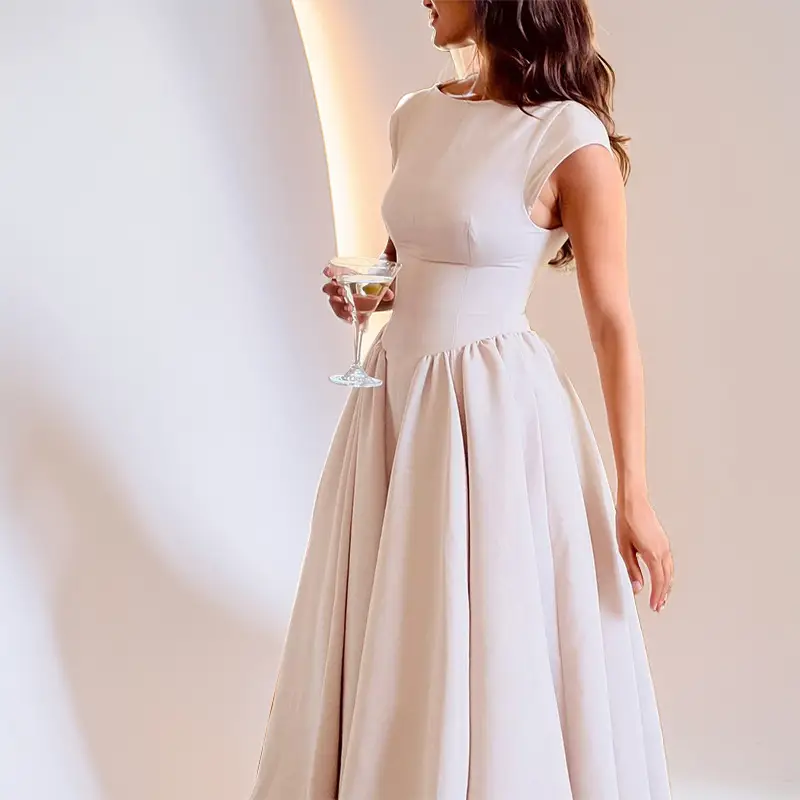 2025 Autumn Elegant Backless Midi Dress Solid Beige — feature 7