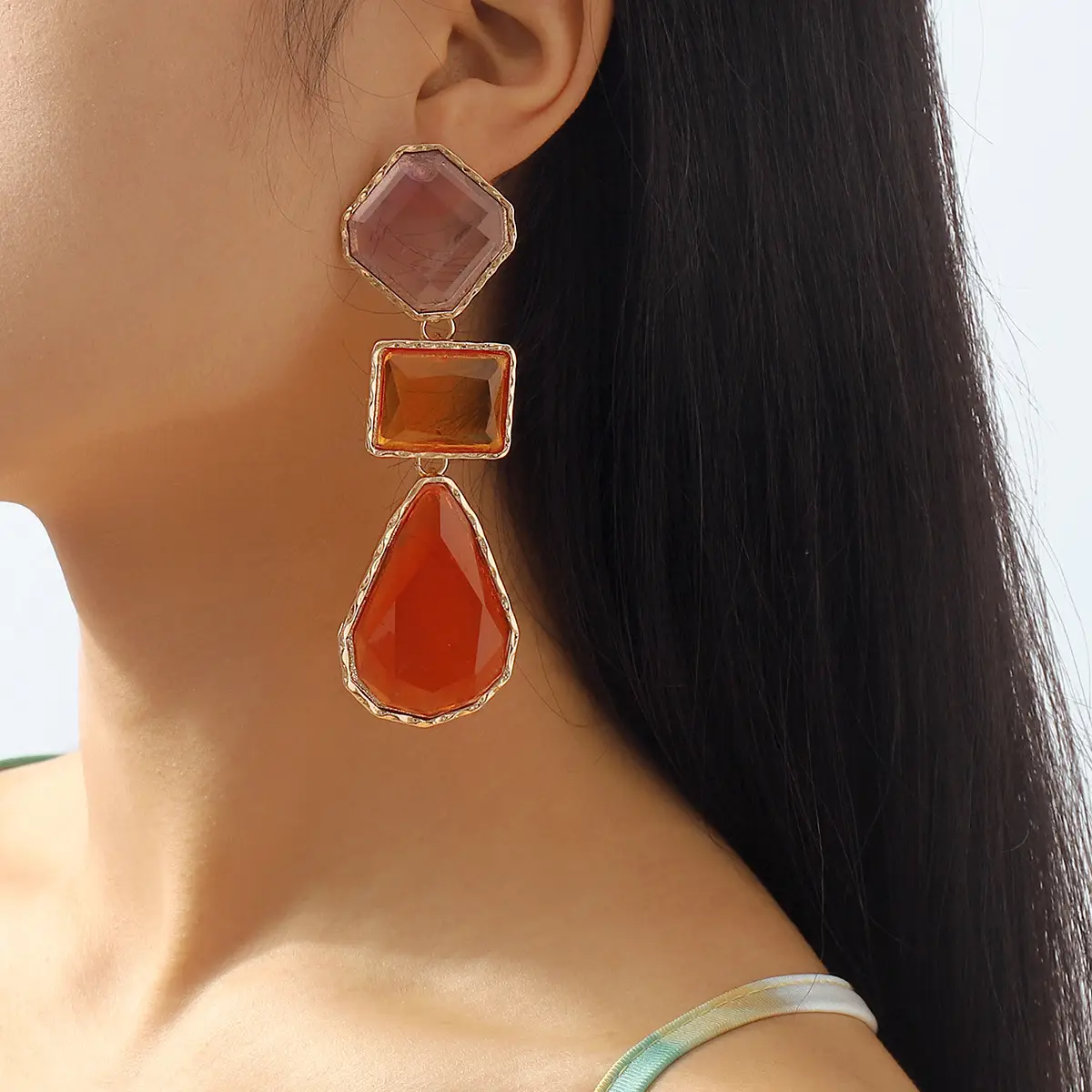 Orange Geometric Drop Earrings for Women
