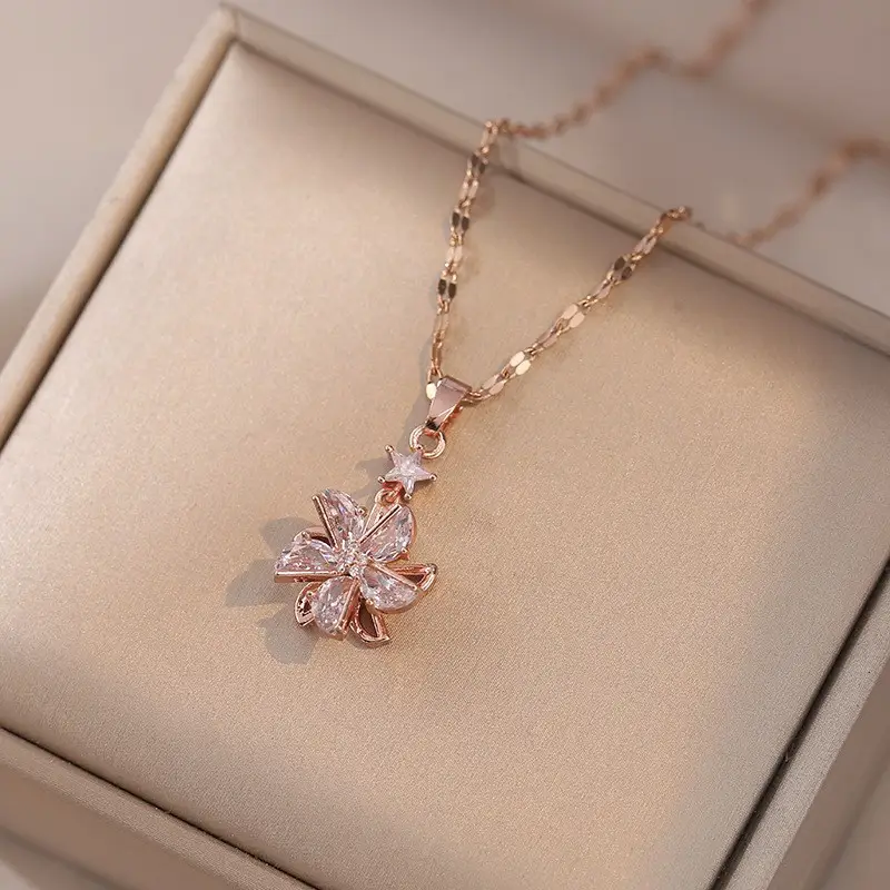 Women Elegant Zircon Windmill Necklace Rotating Chain - Image 4