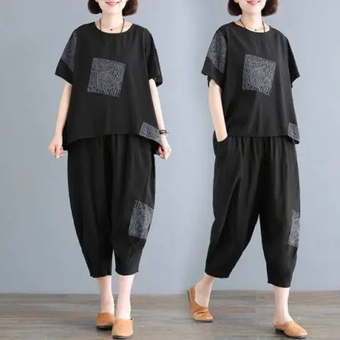 Women Printed Black Plus Size Sports Suit Summer - Image 3