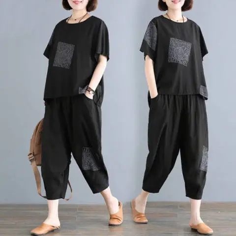 Women Printed Black Plus Size Sports Suit Summer - Image 4