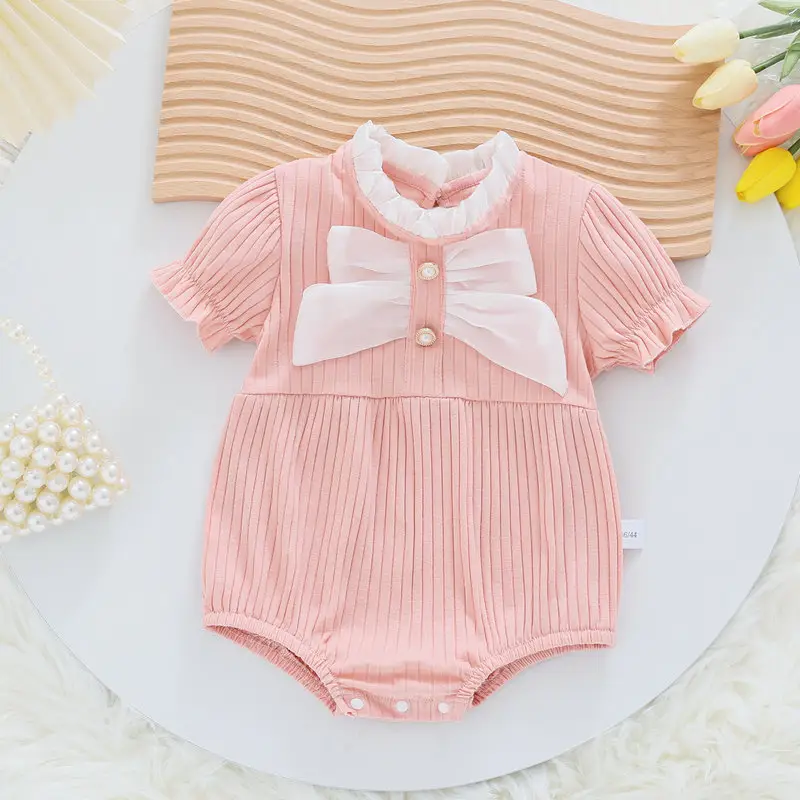 Baby Girl Bow Embroidered One-Piece Suit Red Pink White - Image 2