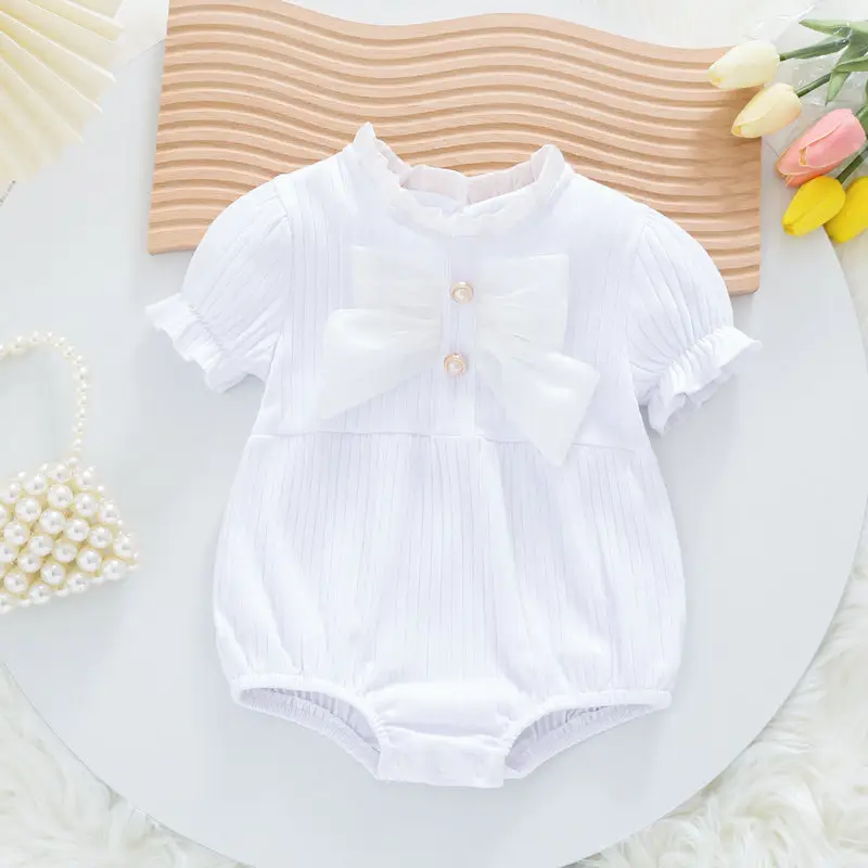 Baby Girl Bow Embroidered One-Piece Suit Red Pink White - Image 3