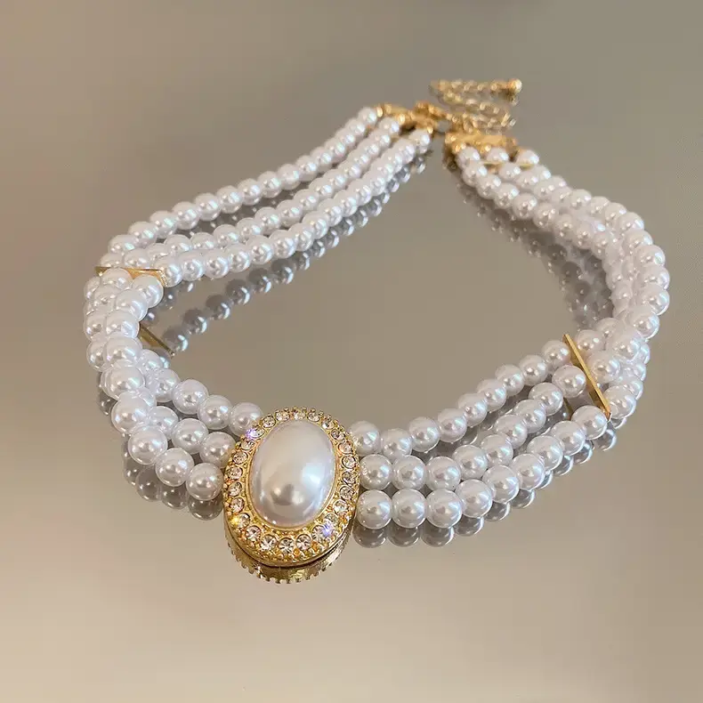 Multi-Layer Pearl Diamond Necklace with Rhinestone Center - Image 3