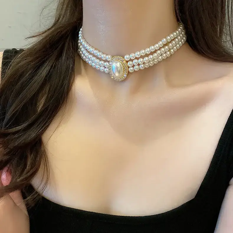 Multi-Layer Pearl Diamond Necklace with Rhinestone Center - Image 4