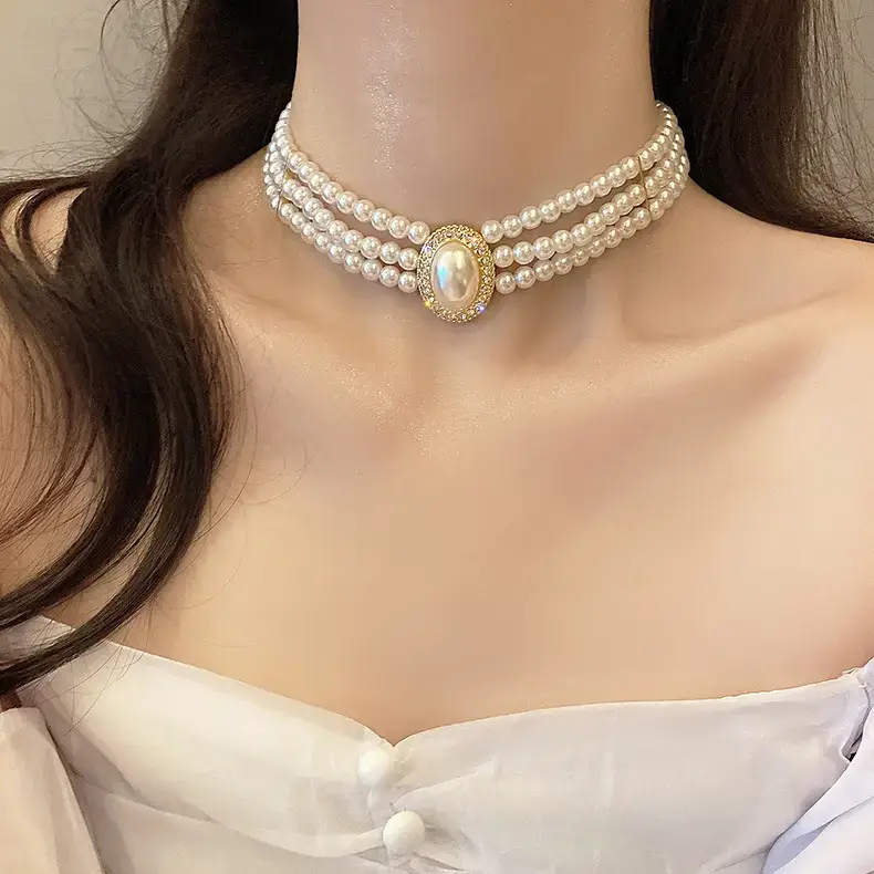 Multi-Layer Pearl Diamond Necklace with Rhinestone Center - Image 5