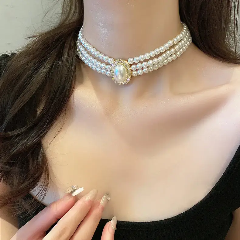 Multi-Layer Pearl Diamond Necklace with Rhinestone Center - Image 6