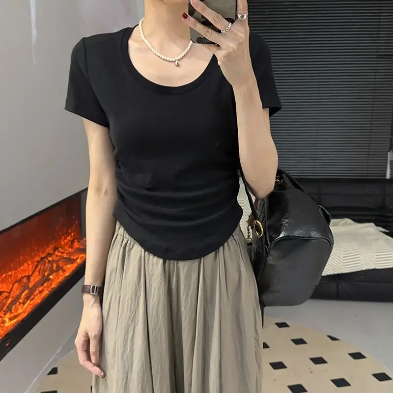 Purple Pleated One-Piece T-Shirt with Waist-Tight Design — feature 14