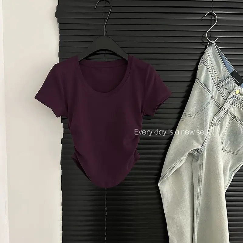 Purple Pleated One-Piece T-Shirt with Waist-Tight Design — feature 17