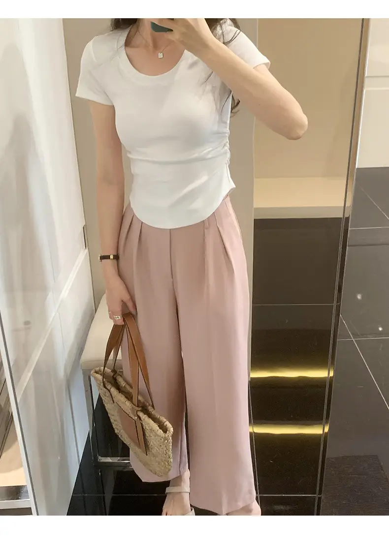 Purple Pleated One-Piece T-Shirt with Waist-Tight Design — feature 19