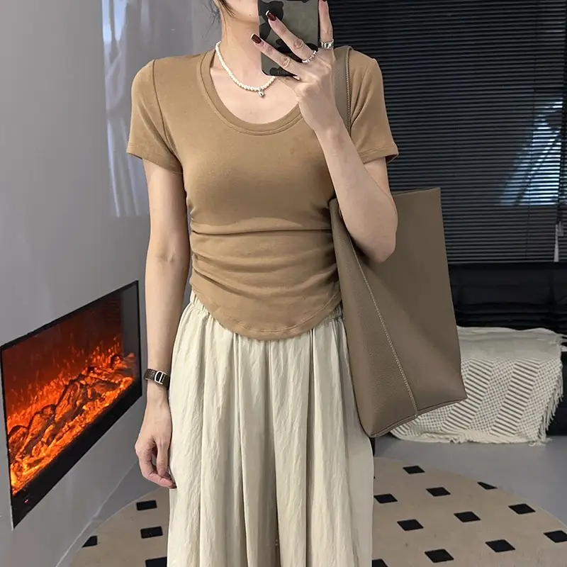 Purple Pleated One-Piece T-Shirt with Waist-Tight Design — feature 8