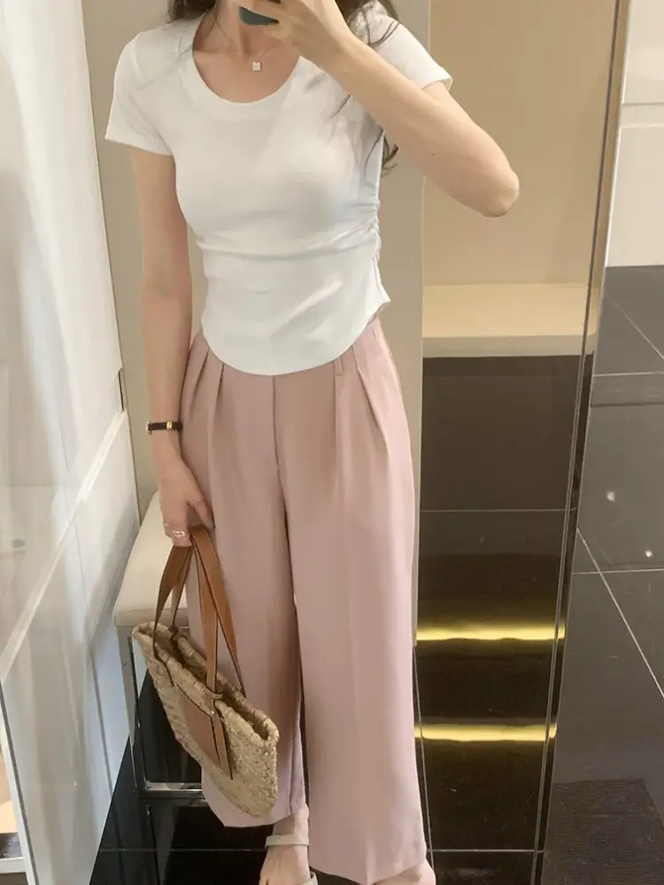 Purple Pleated One-Piece T-Shirt with Waist-Tight Design - Image 2