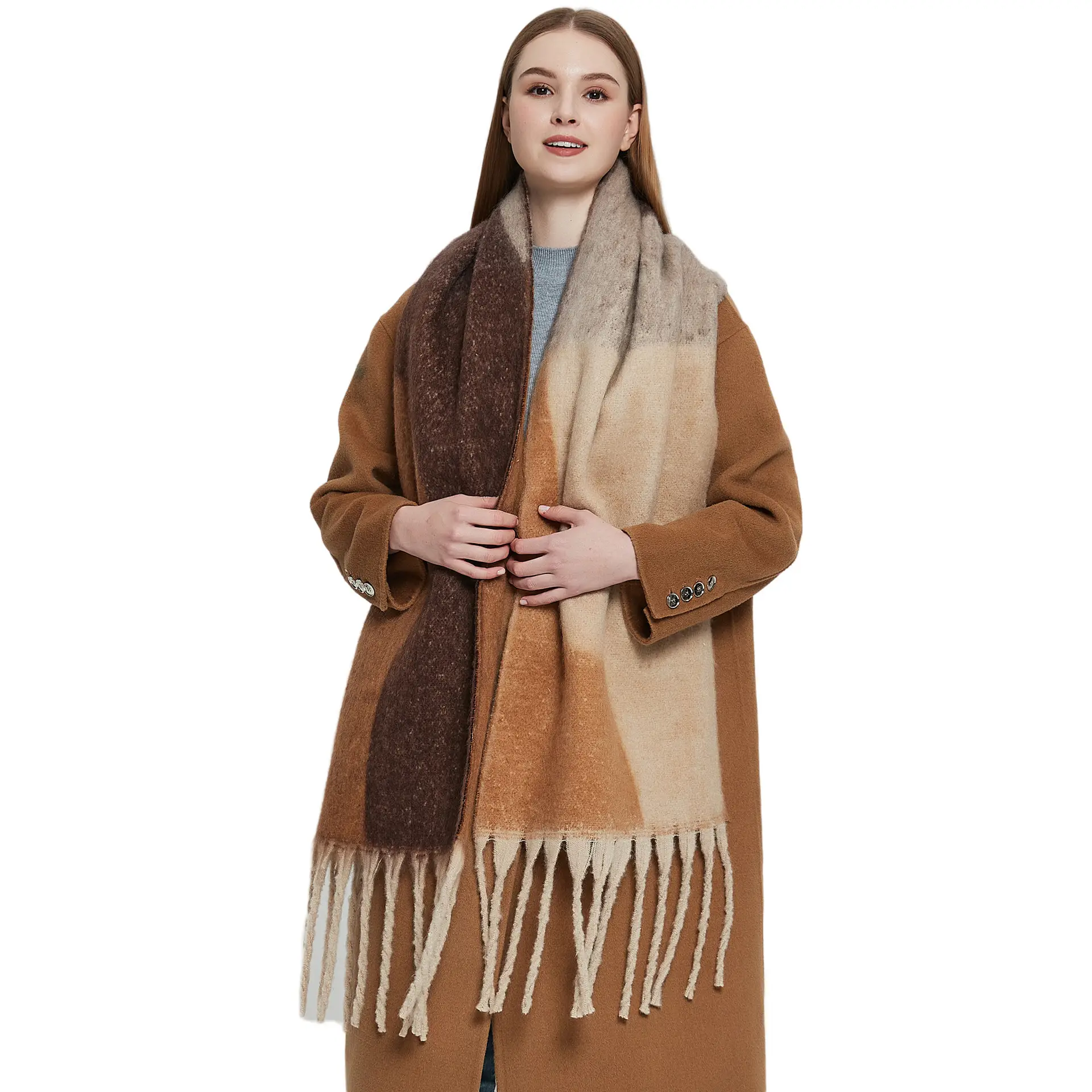Thickened Cross-Border Shawl Green Beige Fringed - Image 11