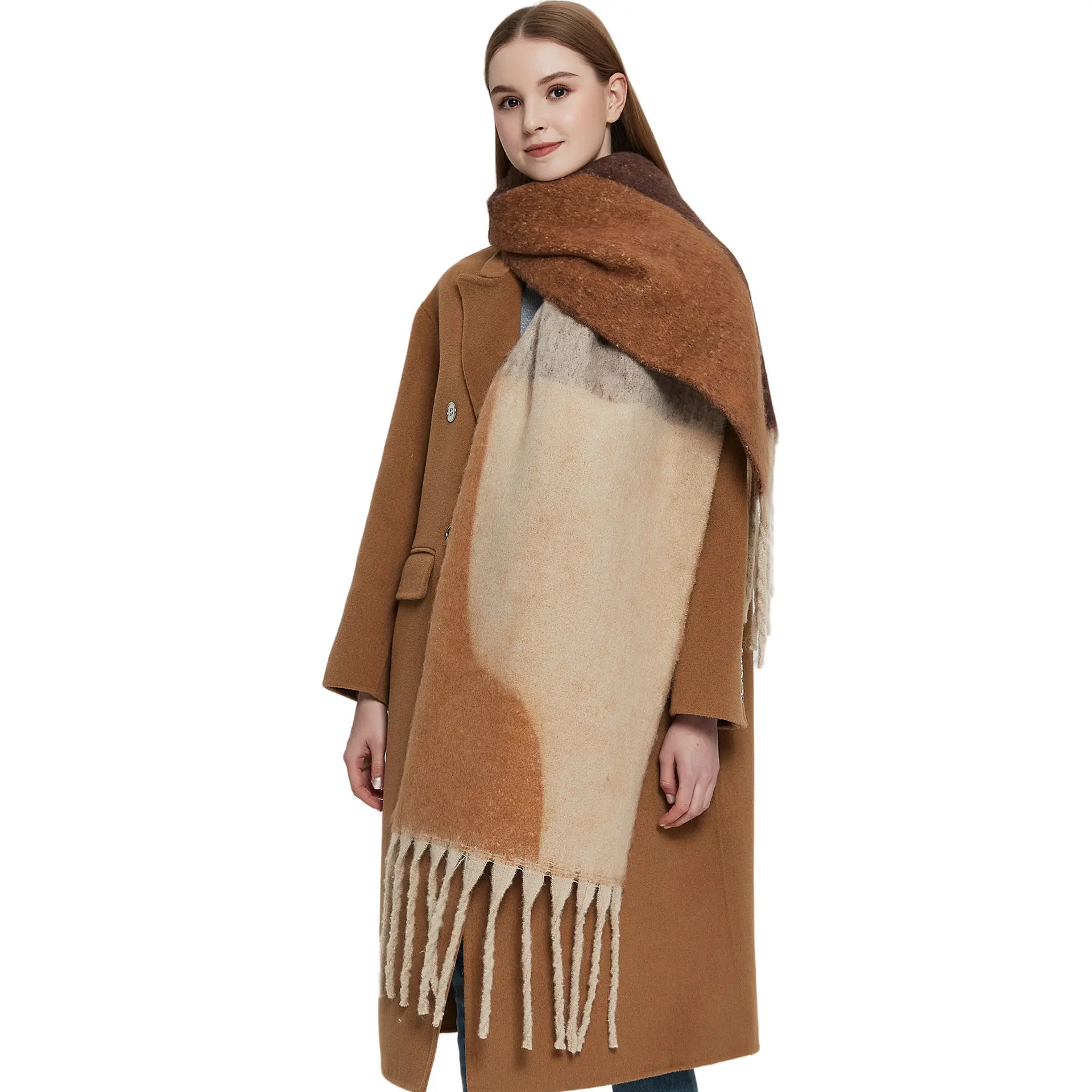 Thickened Cross-Border Shawl Green Beige Fringed - Image 13
