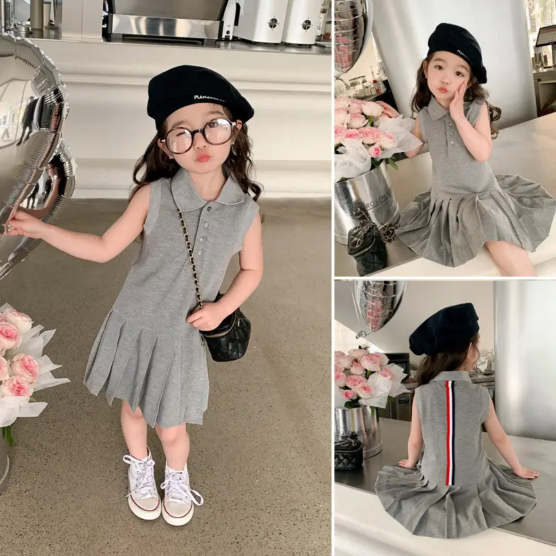 Girls Summer Dress Grey Cotton Princess Style Polo Lapel - Image 3