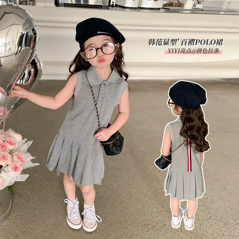 Girls Summer Dress Grey Cotton Princess Style Polo Lapel - Image 4
