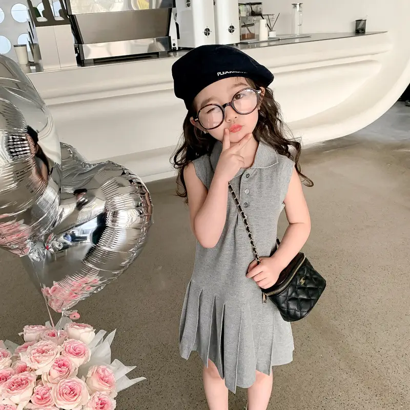 Girls Summer Dress Grey Cotton Princess Style Polo Lapel - Image 5