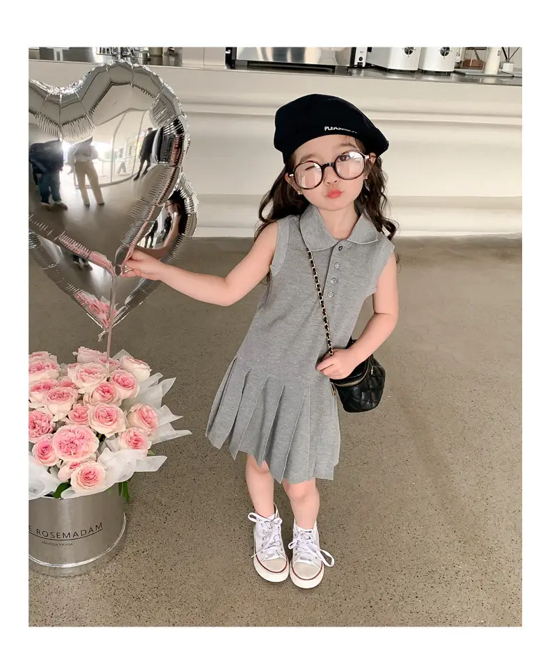 Girls Summer Dress Grey Cotton Princess Style Polo Lapel — feature 10