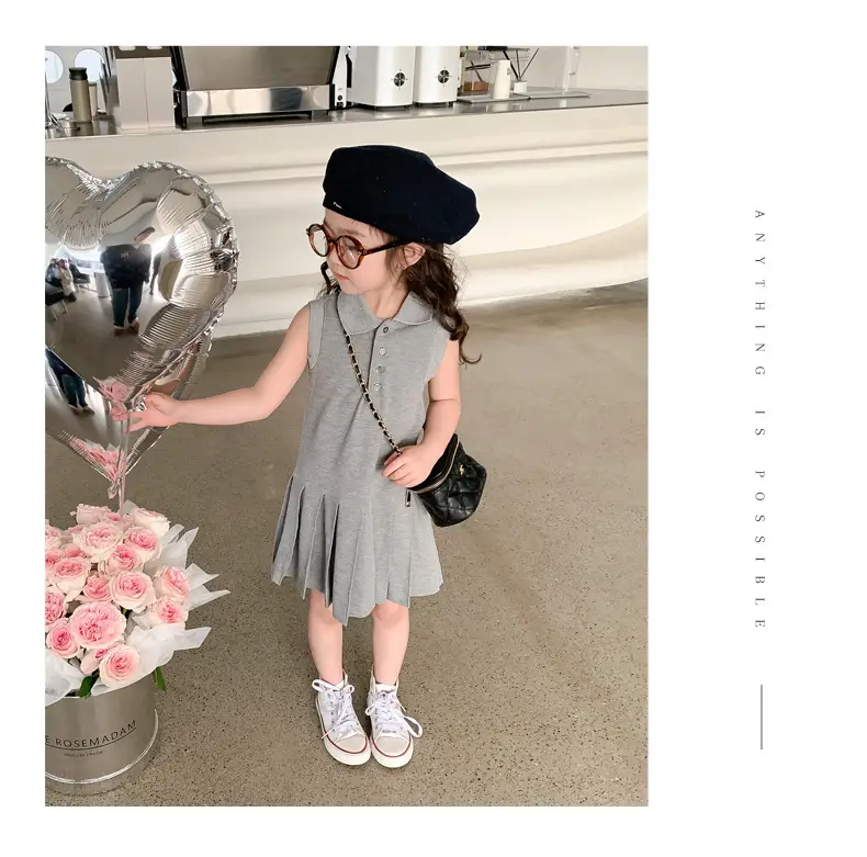 Girls Summer Dress Grey Cotton Princess Style Polo Lapel — feature 11
