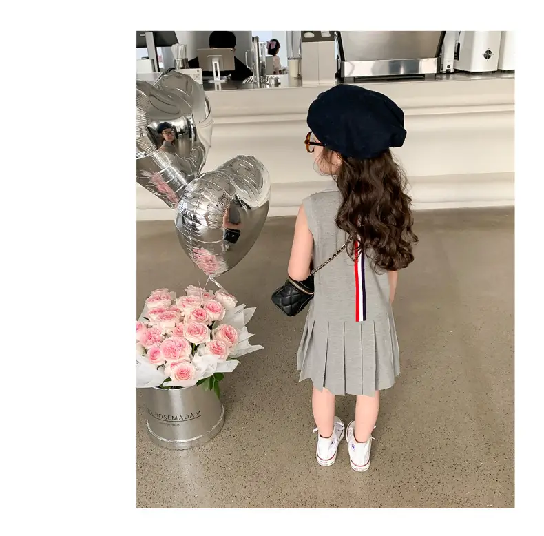 Girls Summer Dress Grey Cotton Princess Style Polo Lapel — feature 12